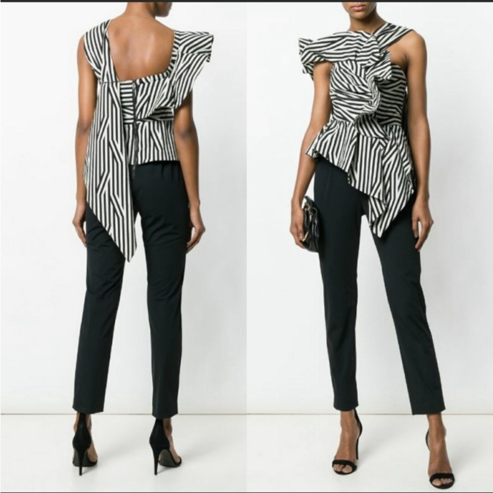 Self-Portrait Striped Asymmetric Ruffle Jumpsuit size 2